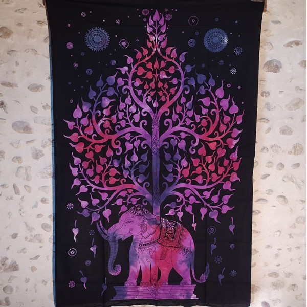 Tenture Arbre de vie & éléphant  – textile mural en Coton – Fait en Inde