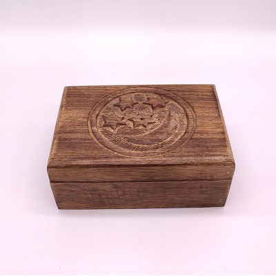 Coffret en bois de manguier gravé du motif lune & étoiles artisanal indien