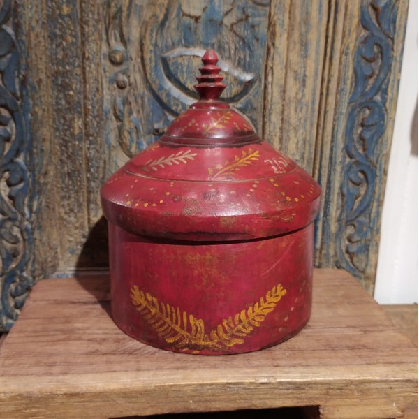 Boîte à Tikka / Kumkum Indienne Ancienne en Bois Laqué – Coffret Vintage Authentique