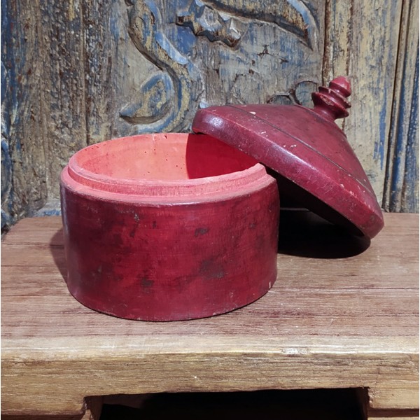 Boîte à Tikka / Kumkum Indienne Ancienne en Bois Laqué – Coffret Vintage Authentique