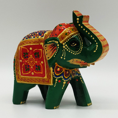 Statuette éléphant en bois peint à la main fabriquée artisanalement en Inde