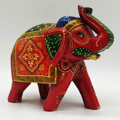 Statuette éléphant en bois peint à la main fabriquée artisanalement en Inde