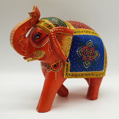 Statuette éléphant en bois peint à la main fabriquée artisanalement en Inde