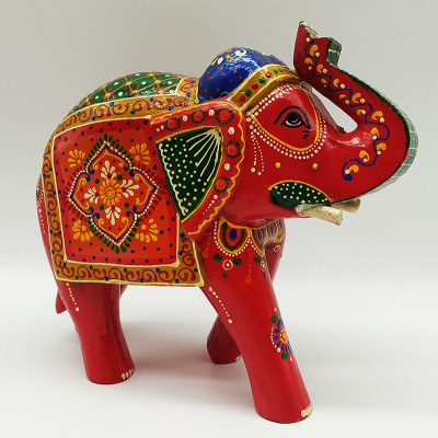 Statuette éléphant en bois peint à la main fabriquée artisanalement en Inde