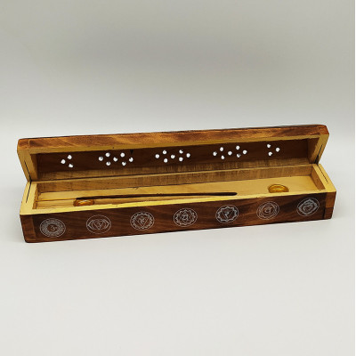 Coffret brûleur d’encens artisanal indien en bois avec motif 7 chakras