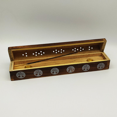Coffret brûleur d’encens artisanal indien en bois avec motif Arbre de Vie