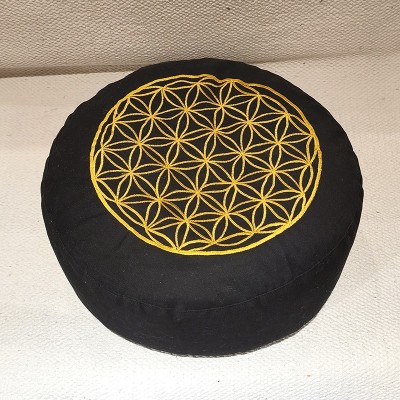 Coussin de méditation zafu en coton bio garni de cosses de sarrasin – artisanat indien noir fleur de vie