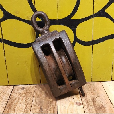 Poulie double maritime ancienne en bois avec œil et roues en acier