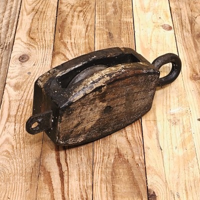 Poulie double maritime ancienne en bois avec œil et roues en acier