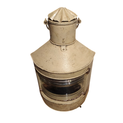 Ancien fanal de bateau en métal peint et laiton – Lentille de Fresnel
