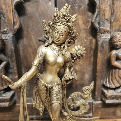 Statue de Tara Verte en bronze indien, sculpture artisanale bouddhiste réalisée à la main en Inde