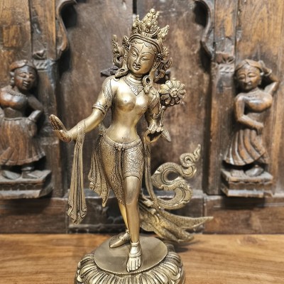 Statue de Tara Verte en bronze indien, sculpture artisanale bouddhiste réalisée à la main en Inde