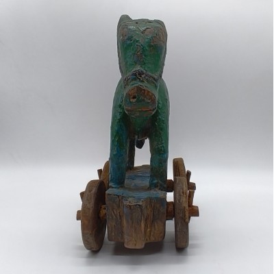 Nandi ancien indien – Jouet artisanal coloré en bois et métal sur roues