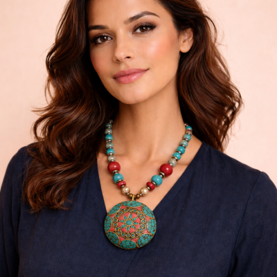 Collier ethnique tibétain artisanal turquoise et pendentif mandala fait main en Inde