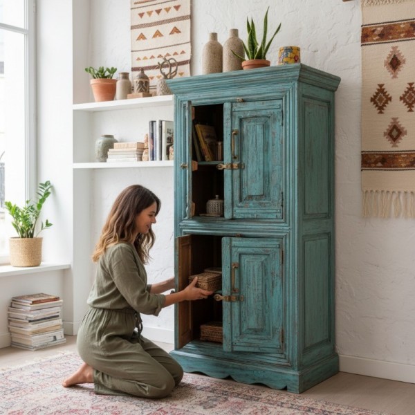 Petite armoire indienne turquoise à 4 portes