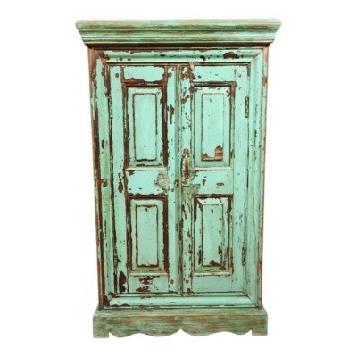 petite Armoire indienne ancienne en bois patiné vert indien