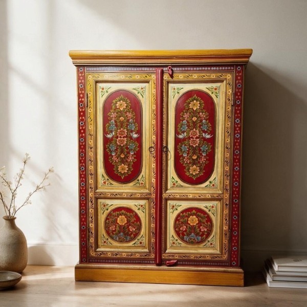Armoire indienne en bois de manguier peint à la main