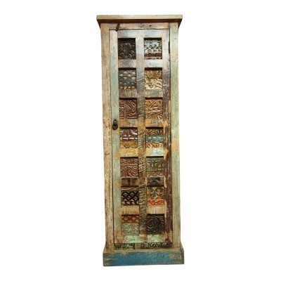 Meuble colonne indien en teck recyclé à une porte sculptée